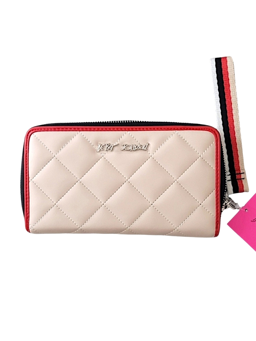 Betsey Johnson Quilted Wristlet Wallet in Bone with Red Trim